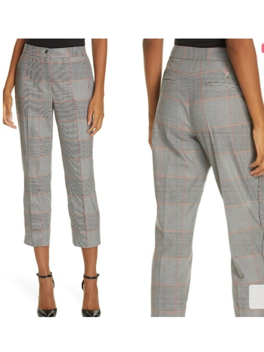Ted Baker London Darcey Plaid Trousers Womens 4 Gray Check Flamingo Slim Cropped